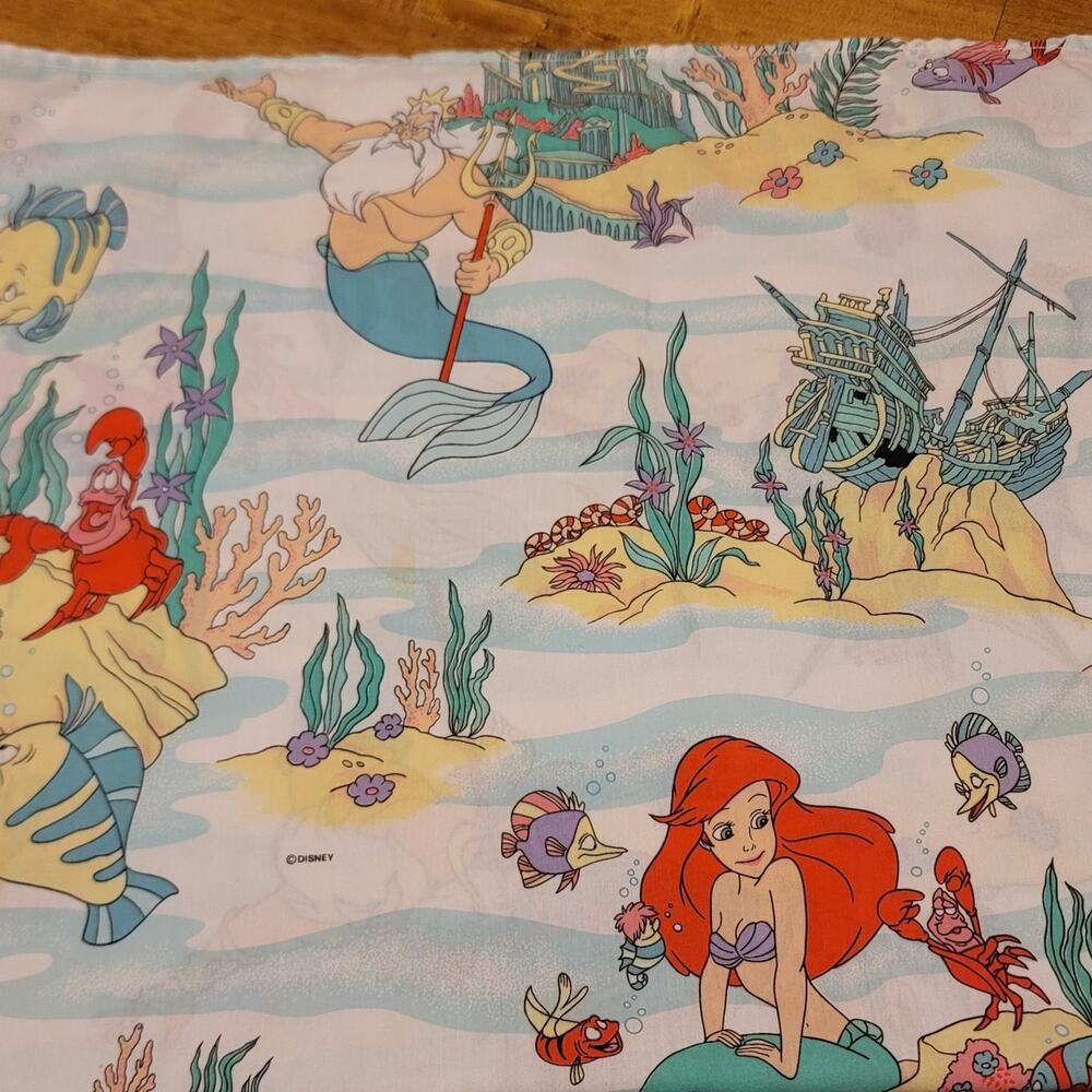 Vtg 1980s 90s Disney The Little Mermaid Flat Bed Sheet & Pillowcase - Picture 4 of 5